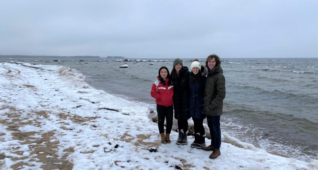 Fulbright ETAs – Helen Kai, Adelaide Duckett, Emily Herd, Rudy Kammel exploring Jägala Falls and Viru Bog.