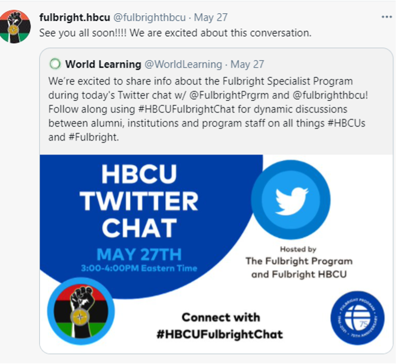 Screenshot of a Tweet from the Fulbright HBCU affinity group account promoting the HBCU Twitter Chat.