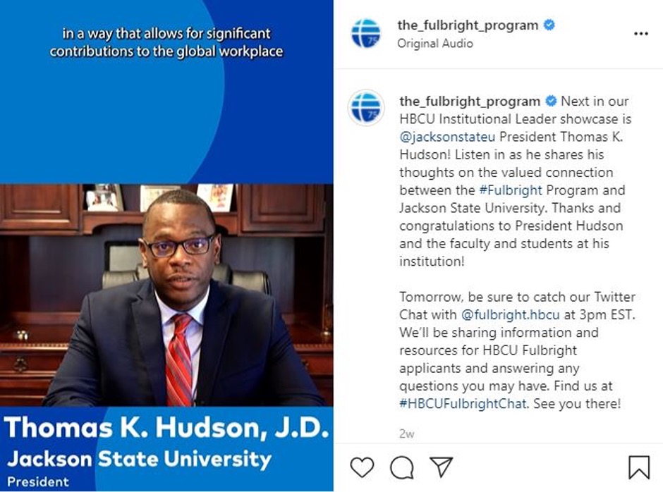 Screenshot of Instagram Reel featuring a still of a video from Jackson State University President Thomas K. Hudson