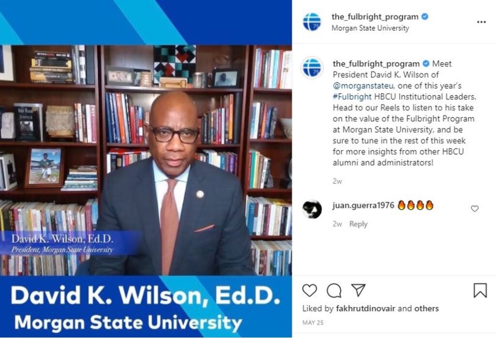 Screenshot of Instagram Reel featuring a still of a video from Morgan State University President David K. Wilson