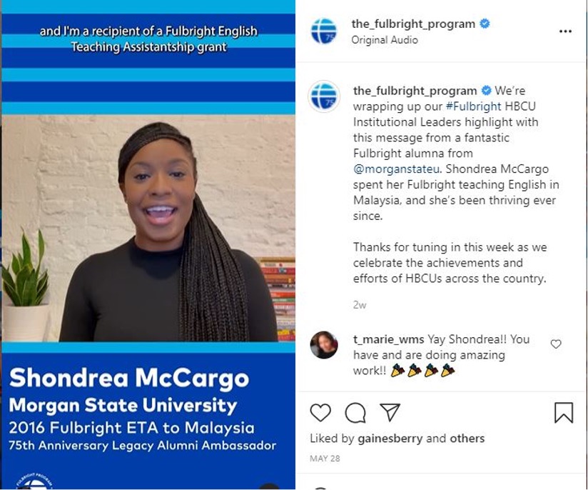 Screenshot of Instagram Reel featuring a still of Shondrea McCargo, a Fulbright and Morgan State University alumna.