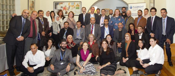 A group of Fulbright Egypt participants, alumni, and friends at the Egyptian Commission for roundtable discussions.