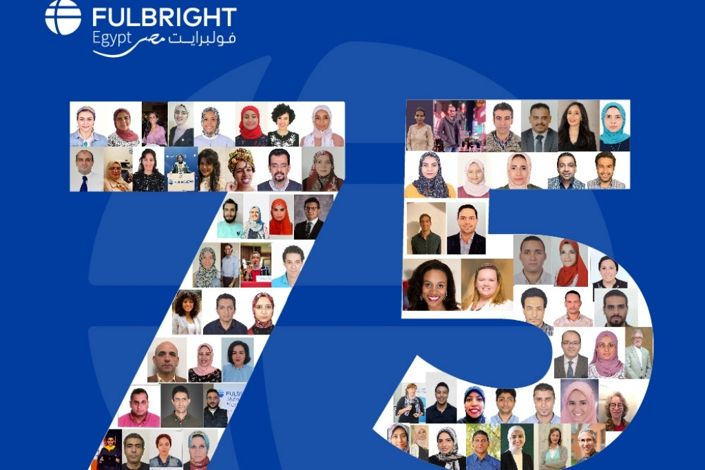 Promotional graphic for Fulbright Day: Egypt with a large "75" and alumni photos and a blue background. The Fulbright Egypt logo is at the top.