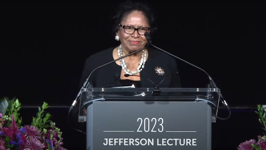 Dr. Ruth Simmons standing at podium labelled 2023 Jefferson Lecture