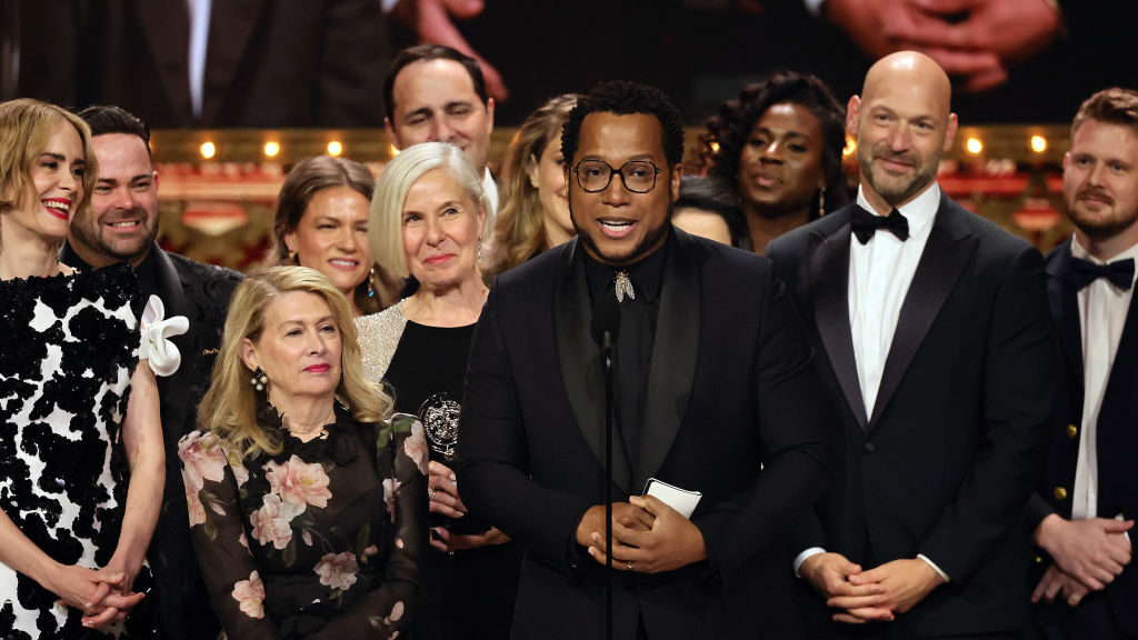 Branden Jacobs-Jenkins at Tony Awards accepting award with cast members for Best Play Revival 