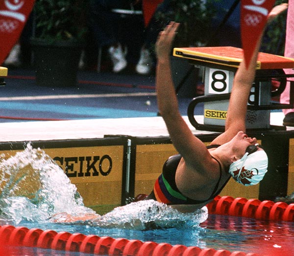 Nikki Dryden starting backstroke in the pool at 1992 Olympic games in Barcelona.