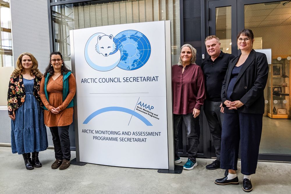 Group of scholars standing either side of Arctic Council sign