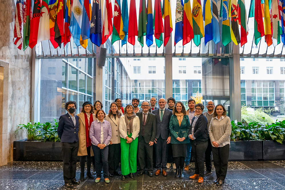 A group of fifteen Amazonia Scholars standing in front of large windows with international flags hanging above