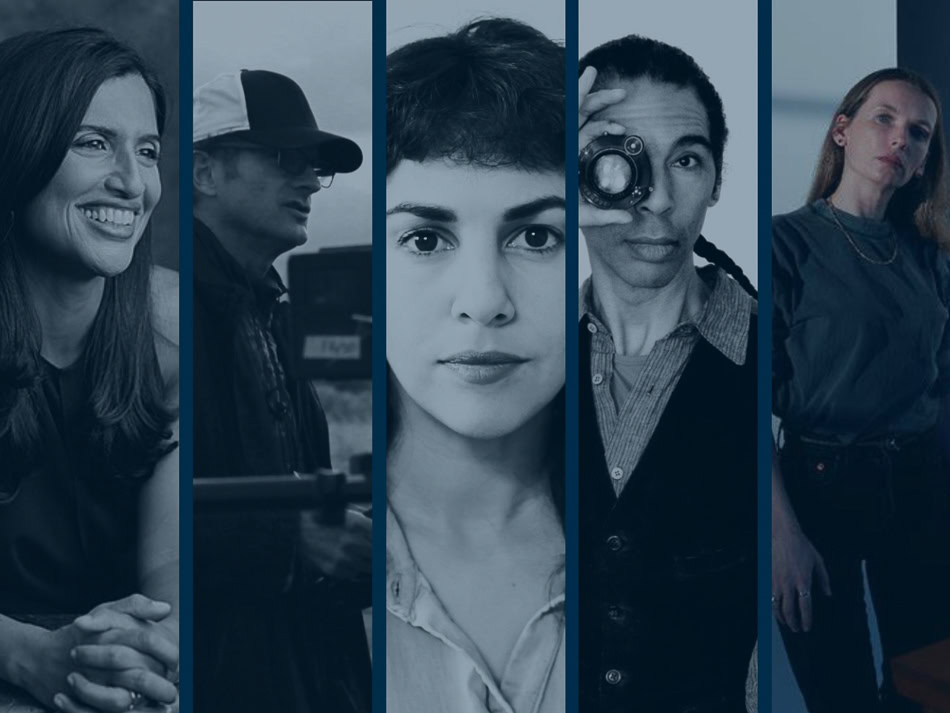 A blue-toned collage of five individual portraits, each separated by vertical lines.