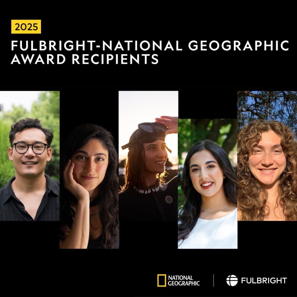 5 Fulbright National Geographic Award recipients headshots with Fulbright and National Geographic logo