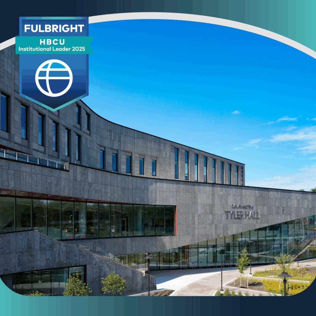 Photo of a campus building with HBCU Institutional Leader badge at top left corner