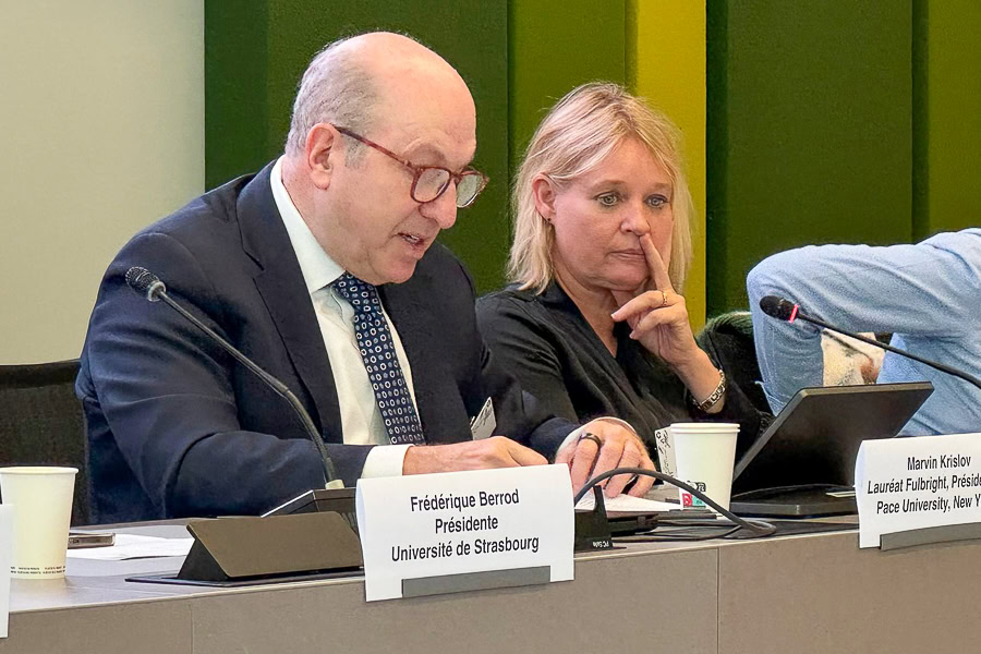 People seated at a conference table with nameplates and microphones. Krislov is seated at left, wearing a suit and tie and glasses.