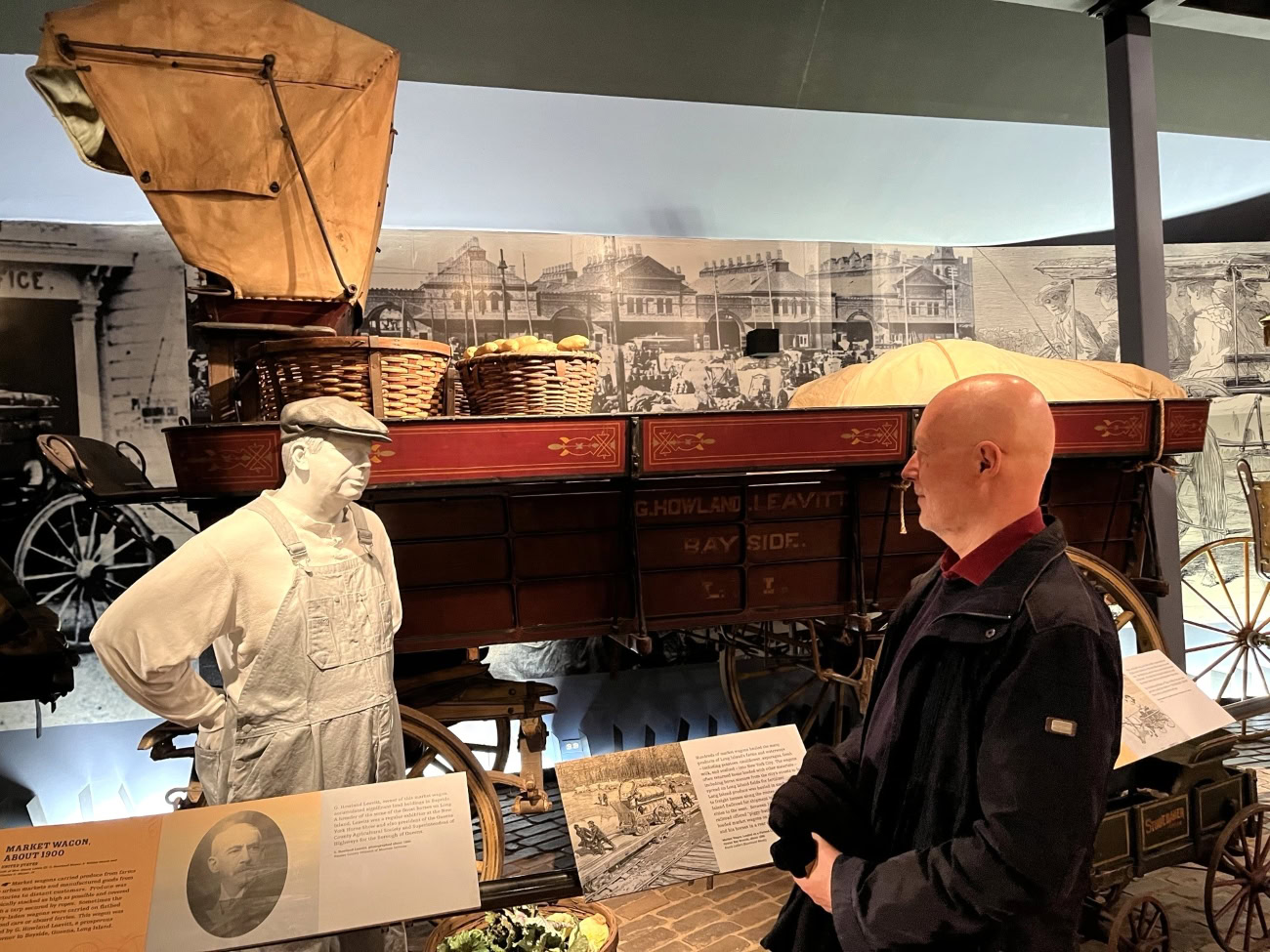 Man standing and facing a life-sized museum display with a statue of a man in 19th century clothing standing next to a historic cart with produce, in front of a black and white historical photo background