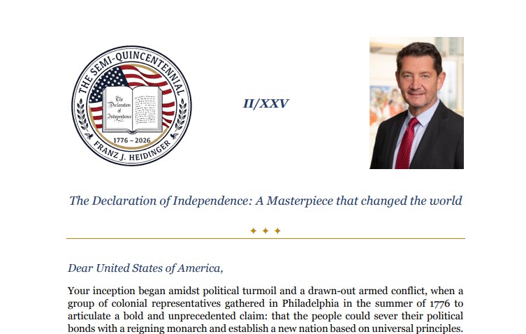 Image of the top of a printed document with a seal with an American flag at top left and a photo of a man in a business suit at top right, and the title, The Declaration of Independence, A Masterpiece that changed the world, followed by the typed text of a letter.