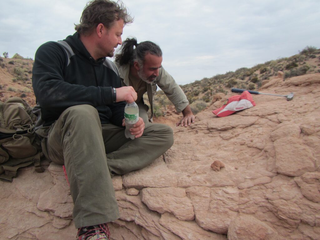 Two men seated on rocky terrain are examining a fossil embedded in the rock next to them, with a cap and rock hammer nearby.