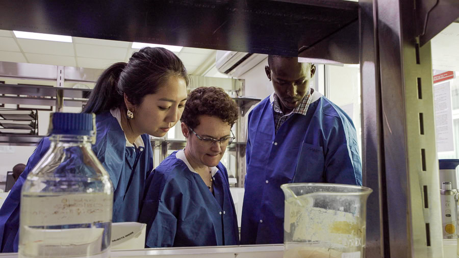 Three researchers in a lab wearing blue lab coats, looking down at specimens in beakers