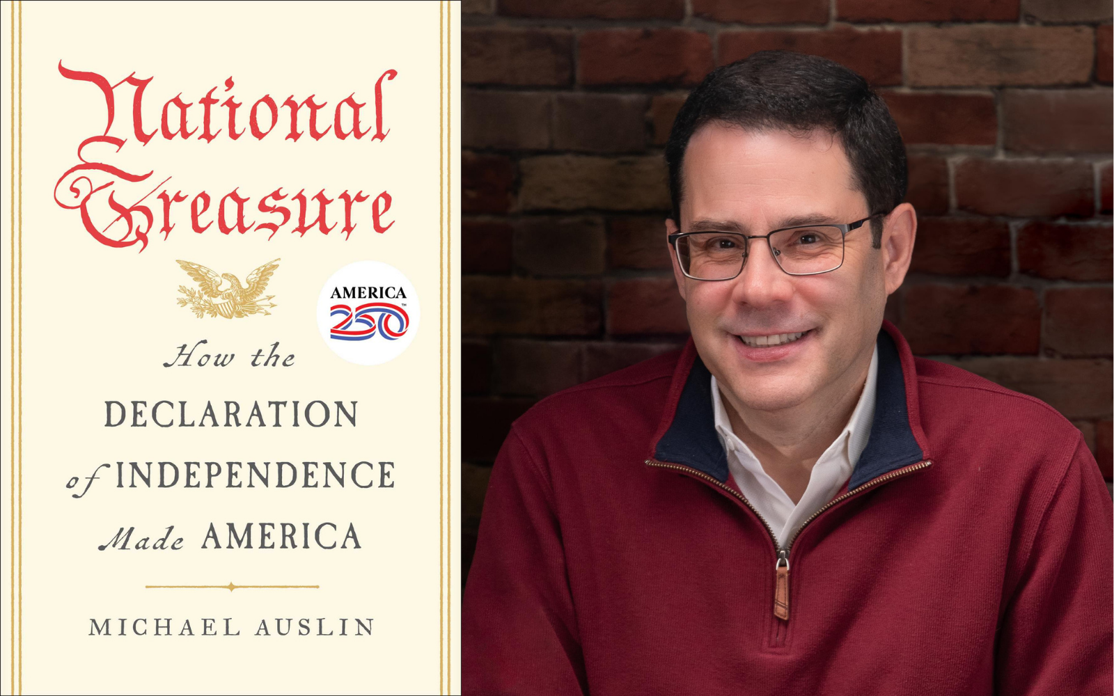 A book cover titled "National Treasure: How the Declaration of Independence Made America" alongside a smiling man in glasses and a red sweater against a dark wooden background.