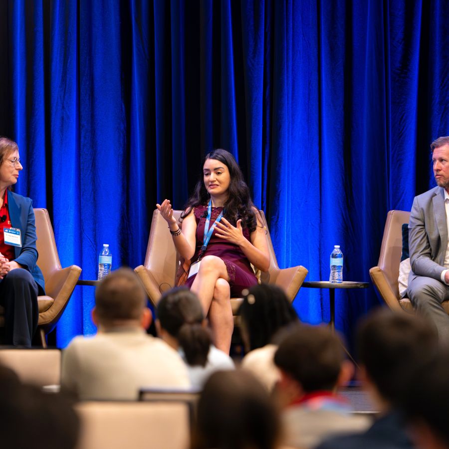 Fulbright panel discussion with several speakers sitting in armchairs on stage in front of a blue curtain, facing the audience