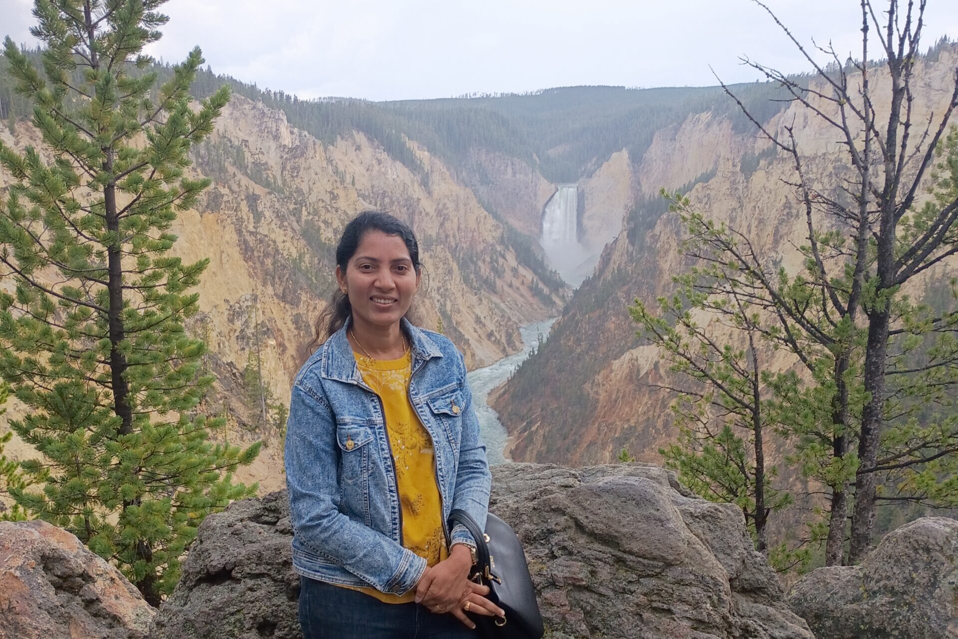 Woman wearing blue denim jacket standing in front of waterful with jagged cliffs and canyon in Yellowstone National park, with pine trees on either side of her